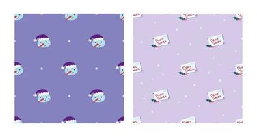 Cute snowman, letter to Santa seamless pattern set. Christmas and New Year concept. Hand drawn lilac trendy vector texture for wallpaper, prints, wrapping, textile