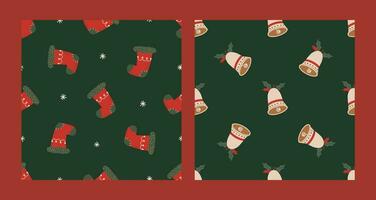 Seamless pattern set with Christmas red sock and bell. Christmas and New Year concept. Hand drawn retro vintage vector texture for wallpaper, prints, wrapping, textile