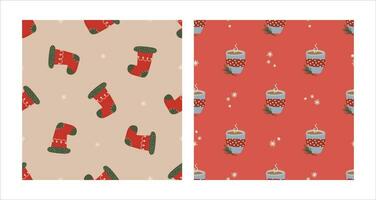 Seamless pattern set with Christmas red sock and cup of cocoa. Christmas and New Year concept. Hand drawn retro vintage vector texture for wallpaper, prints, wrapping, textile