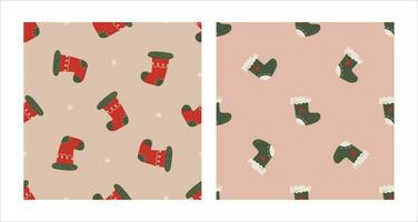 Seamless pattern set with Christmas green and red socks. Christmas and New Year concept. Hand drawn retro vintage vector texture for wallpaper, prints, wrapping, textile