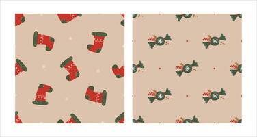 Seamless pattern set with Christmas red sock and sweets. Christmas and New Year concept. Hand drawn retro vintage vector texture for wallpaper, prints, wrapping, textile