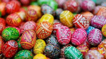 Colourful Easter Eggs. Vibrant, Festive Holiday Decorations Symbolizing Spring Celebration and Traditional Ornate Designs photo