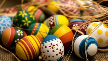 Colourful Easter Eggs. Vibrant, Festive Holiday Decorations Symbolizing Spring Celebration and Traditional Ornate Designs photo