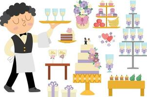 Vector wedding candy bar set. Cute marriage sweet table or buffet clipart with waiter, cake, champagne, snacks, fruit. Just married holiday meal collection. Funny ceremony illustration