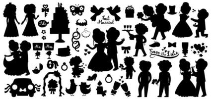 Vector wedding silhouettes set. Marriage ceremony black icons collection with just married couple, bride, groom, bridesmaids, cake, rings. Cute matrimonial holiday shadow illustrations