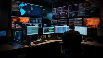 AI generated Tech Specialist in Data Center Control Room Managing Server Activity photo