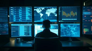 AI generated IT Technician Monitoring Network in System Control Center photo