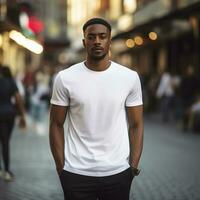 AI generated Casual Male Mode in Street, T-Shirt Mockup with photo