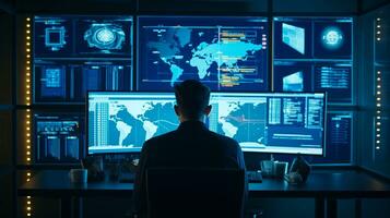 AI generated Digital Network Analyst Examining Global Connectivity in Operations Hub photo