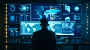AI generated Digital Network Analyst Examining Global Connectivity in Operations Hub photo