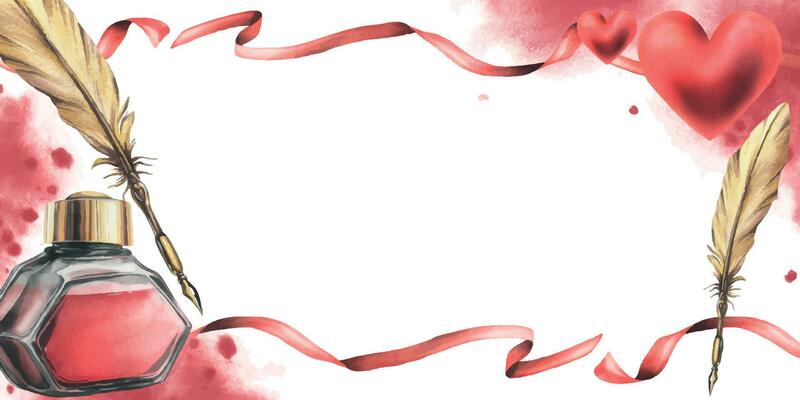 For Valentine's Day, a template with a ink, feather pen, ribbons, splashes. Hand drawn watercolor illustration. Frame, board on a white background.