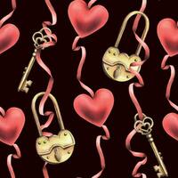 Gold metal padlock with a hole, key heart shape and heart red suspended on red ribbons. Hand drawn watercolor illustration. Seamless pattern on a dark background vector