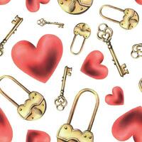 Gold metal padlock with a hole and key heart shape, red hearts. Hand drawn watercolor illustration. Seamless pattern on a white background vector