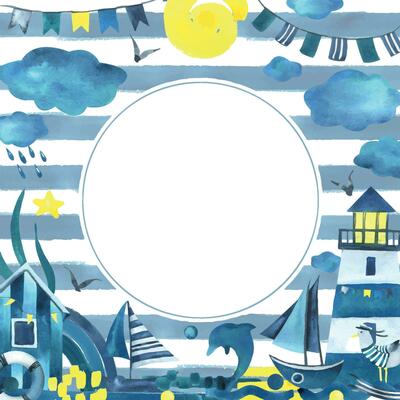 Sailing boat with a rainbow, waves, sun and blue, turquoise and yellow clouds. Watercolor illustration hand drawn in a childish simple style. Frame, template on a white background