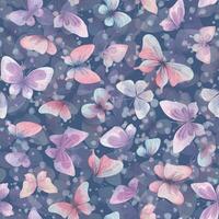 Butterflies are pink, blue, lilac, flying, delicate with wings and splashes of paint. Hand drawn watercolor illustration. Seamless pattern on a lilac background, for design vector