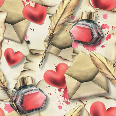 For Valentine's Day, seamless pattern with envelopes, papyrus, red ink, pen and hearts. Hand drawn watercolor illustration