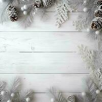 ai generado Navidad antecedentes con abeto ramas y adornos en blanco de madera antecedentes foto