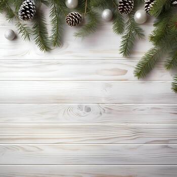 ai generado Navidad antecedentes con abeto ramas y adornos en blanco de madera antecedentes foto