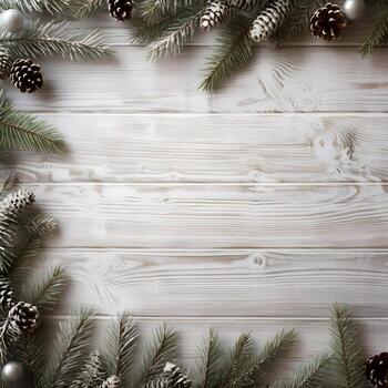 ai generado Navidad antecedentes con abeto ramas y adornos en blanco de madera antecedentes foto