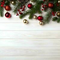 AI generated Christmas background with fir branches and baubles on white wooden background photo