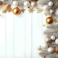 AI generated Christmas background with fir branches and baubles on white wooden background photo