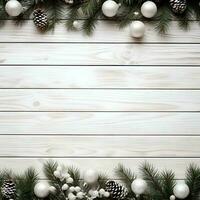 ai generado Navidad antecedentes con abeto ramas y adornos en blanco de madera antecedentes foto