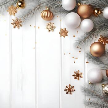 ai generado Navidad antecedentes con abeto ramas y adornos en blanco de madera antecedentes foto