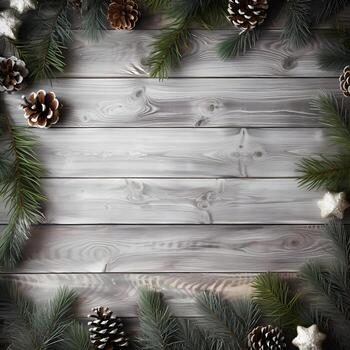 ai generado Navidad antecedentes con abeto ramas y adornos en blanco de madera antecedentes foto