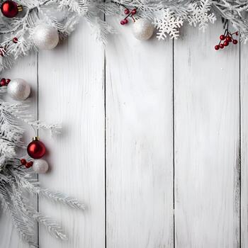 ai generado Navidad antecedentes con abeto ramas y adornos en blanco de madera antecedentes foto