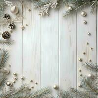 AI generated Christmas background with fir branches and baubles on white wooden background photo