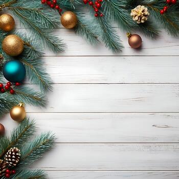 ai generado Navidad antecedentes con abeto ramas y adornos en blanco de madera antecedentes foto