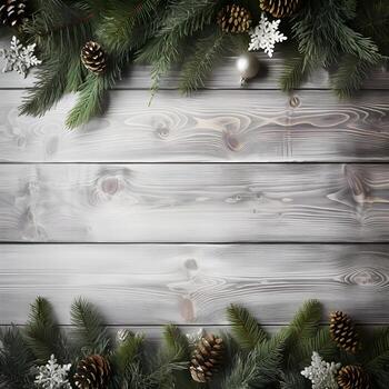 ai generado Navidad antecedentes con abeto ramas y adornos en blanco de madera antecedentes foto