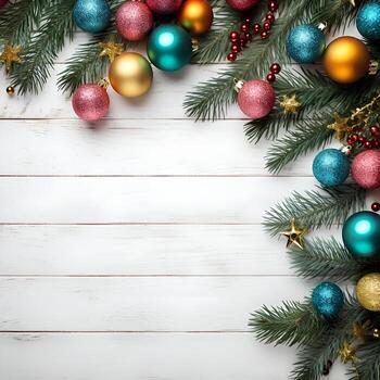 ai generado Navidad antecedentes con abeto ramas y adornos en blanco de madera antecedentes foto
