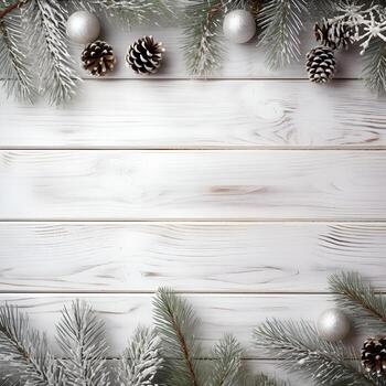 ai generado Navidad antecedentes con abeto ramas y adornos en blanco de madera antecedentes foto