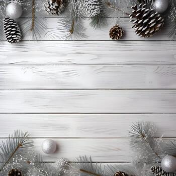 ai generado Navidad antecedentes con abeto ramas y adornos en blanco de madera antecedentes foto