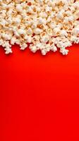 AI generated Popcorn scattered on a red background.  A classic movie theater snack. View from above.  Ai generative. Ai photo