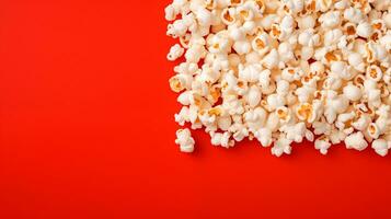 AI generated Popcorn scattered on a red background.  A classic movie theater snack. View from above.  Ai generative. Ai photo