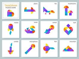 Tangram puzzle game for kids. Colorful geometric collection with isolated objects, animals, transport, birds. Tangram Leaf. Various icons on white backdrop. Vector illustration