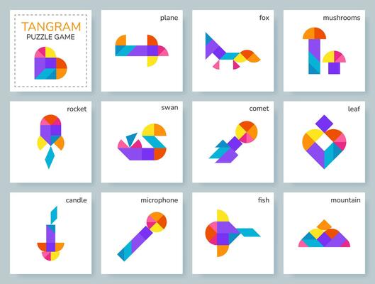 Tangram puzzle game for kids. Colorful geometric collection with isolated objects, animals, transport, birds. Tangram Leaf. Various icons on white backdrop. Vector illustration