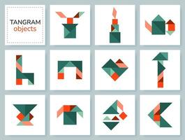 Tangram puzzle game for kids. Colorful geometric collection with isolated objects. Tangram various icons on white backdrop. Vector illustration