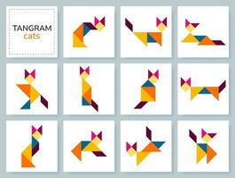 Tangram puzzle game for kids. Colorful geometric collection with isolated cats in various poses. icons with pets on white backdrop. Vector illustration