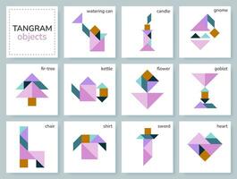 Tangram puzzle game for kids. Colorful geometric collection with isolated objects. Tangram various icons on white backdrop. Vector illustration