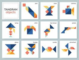 Tangram puzzle game for kids. Colorful geometric collection with isolated objects. Tangram various icons on white backdrop. Vector illustration