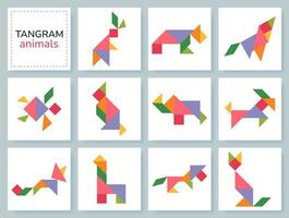 Tangram puzzle game for kids. Colorful geometric collection with isolated animals. Tangram various icons on white backdrop. Vector illustration