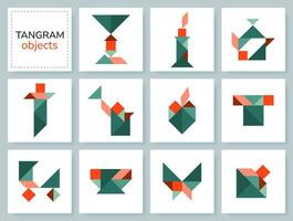 Tangram puzzle game for kids. Colorful geometric collection with isolated objects. Tangram various icons on white backdrop. Vector illustration