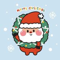 Cute santa claus in holly with merry christmas text.Winter concept.Character cartoon design.Happy festival.Image for card,banner,poster,sticker.Kawaii.Vector.Illustration. vector