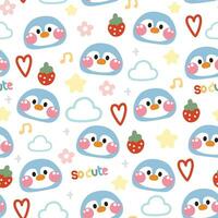 Seamless pattern of cute penguin face with tiny icon on white background.Bird animal character cartoon design.Heart,strawberry,star,flower,cloud hand drawn.Kawaii.Vector.Illustration. vector