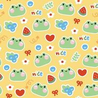 Seamless pattern of cute frog face with tiny icon on yellow background.Reptile animal character cartoon design.Blueberry,flower,watermelon,bow,heart,leaf hand drawn.Kawaii.Vector.Illustration. vector