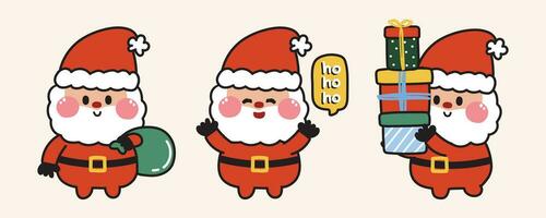 Set of cute santa claus in various poses.Christmas concept.Winter cartoon charater hand drawn.Kid graphic design.Kawaii.Vector.Illustration. vector