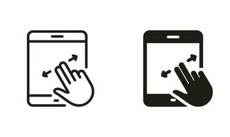 Zoom Action on Display Device. Swipe on Tablet Line and Silhouette Icon Set. Scroll Up in Digital Electronic Device Pictogram. Drag on Touch Screen Symbol Collection. Isolated Vector Illustration.